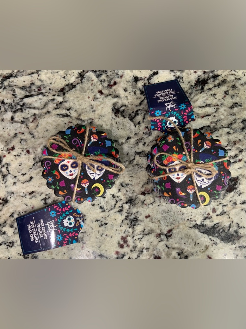 Day of the Dead Set of 2 Sugar Skull Ceramic Coasters- BNWT